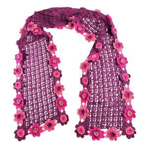 Gap Crochet Floral Scarf- purple pink- wool knit- feminine whimsygoth OS 62x9"